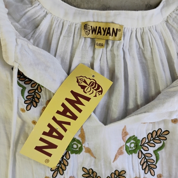 Wayan Natural Wear Embroidered 3/4 Sleeve Blouse White Flowy Bohemian Size L/XL - Picture 7 of 12